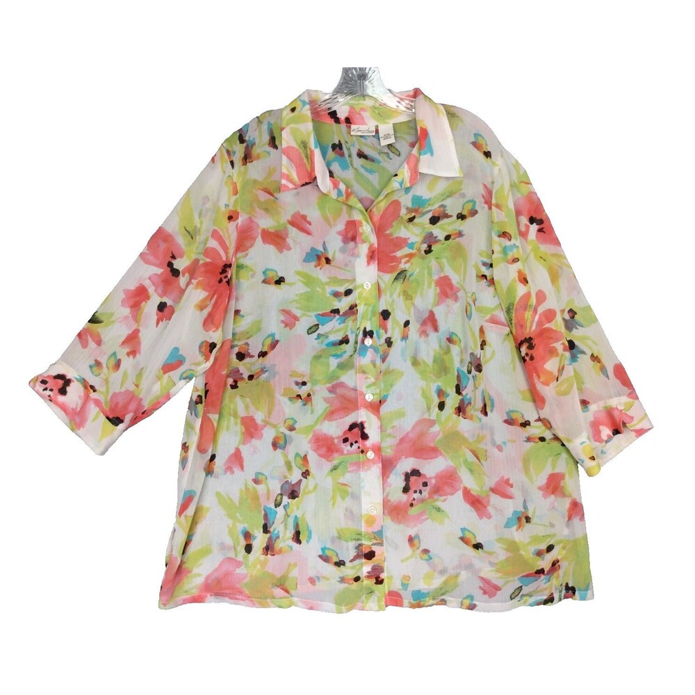 Kim Rogers Womens Blouse 22W Button Up Sheer Floral 3/4 Sleeve Summer Tropical